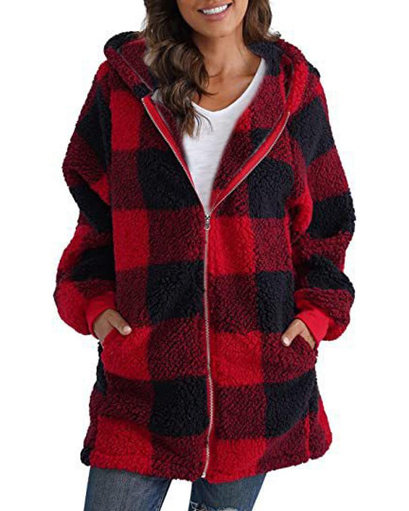 

Plaid Print Zipper Pocket Design Lined Hooded Coat, Red