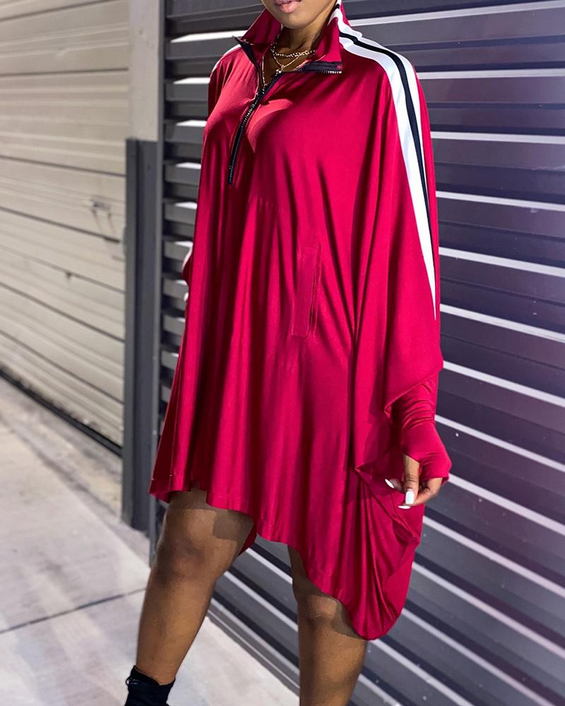 

Color Block Long Sleeve Loose Dress, Red