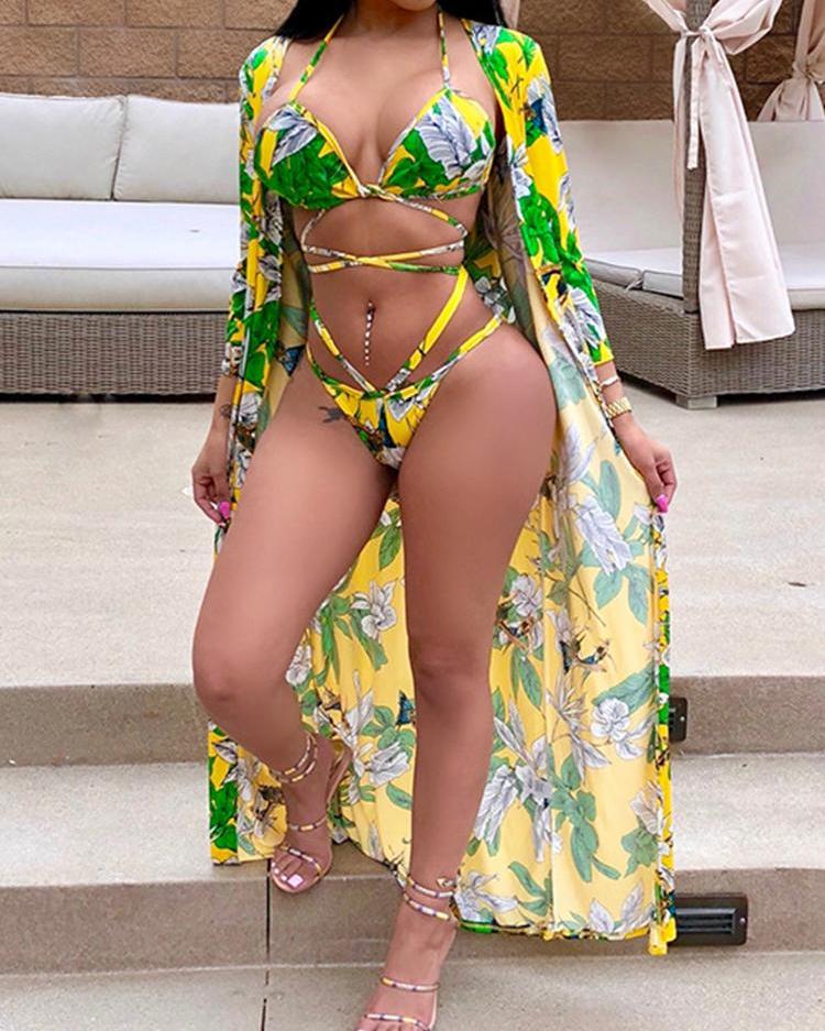 

3PCS Low Cut Bandage Bikini With Cover Up, Yellow