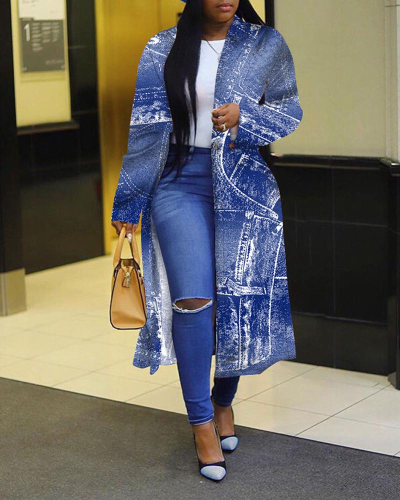 

Plus Size Denim Look Print Button Front Longline Coat, Blue