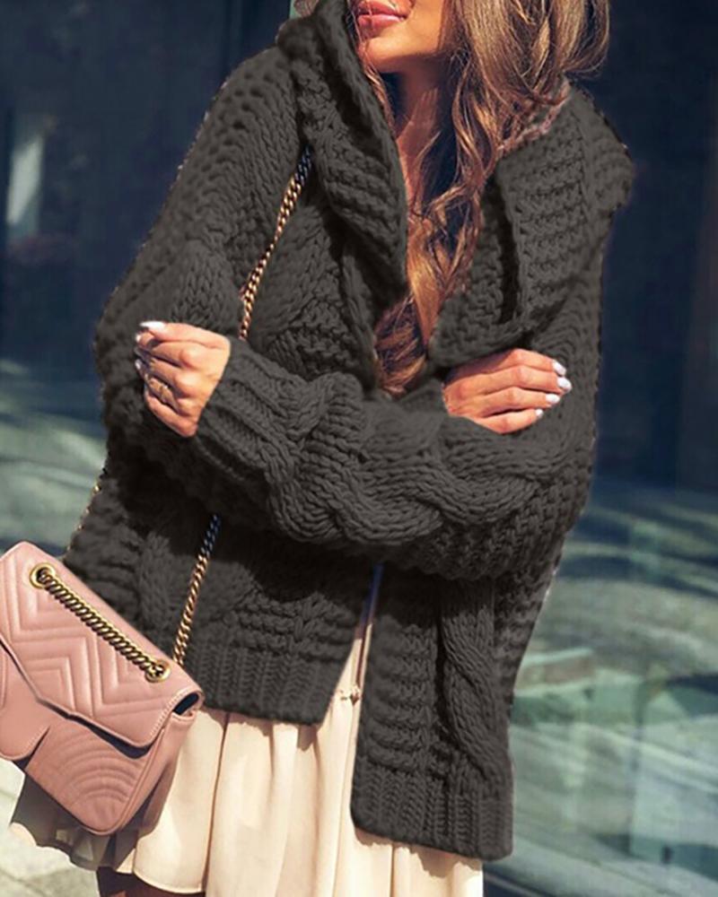 

Braided Knit Long Sleeve Hooded Cardigan, Black