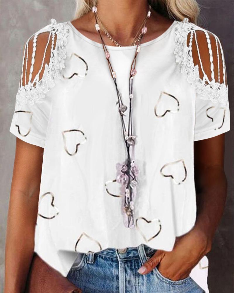 

Heart Print Contrast Lace Cold Shoulder Top, White