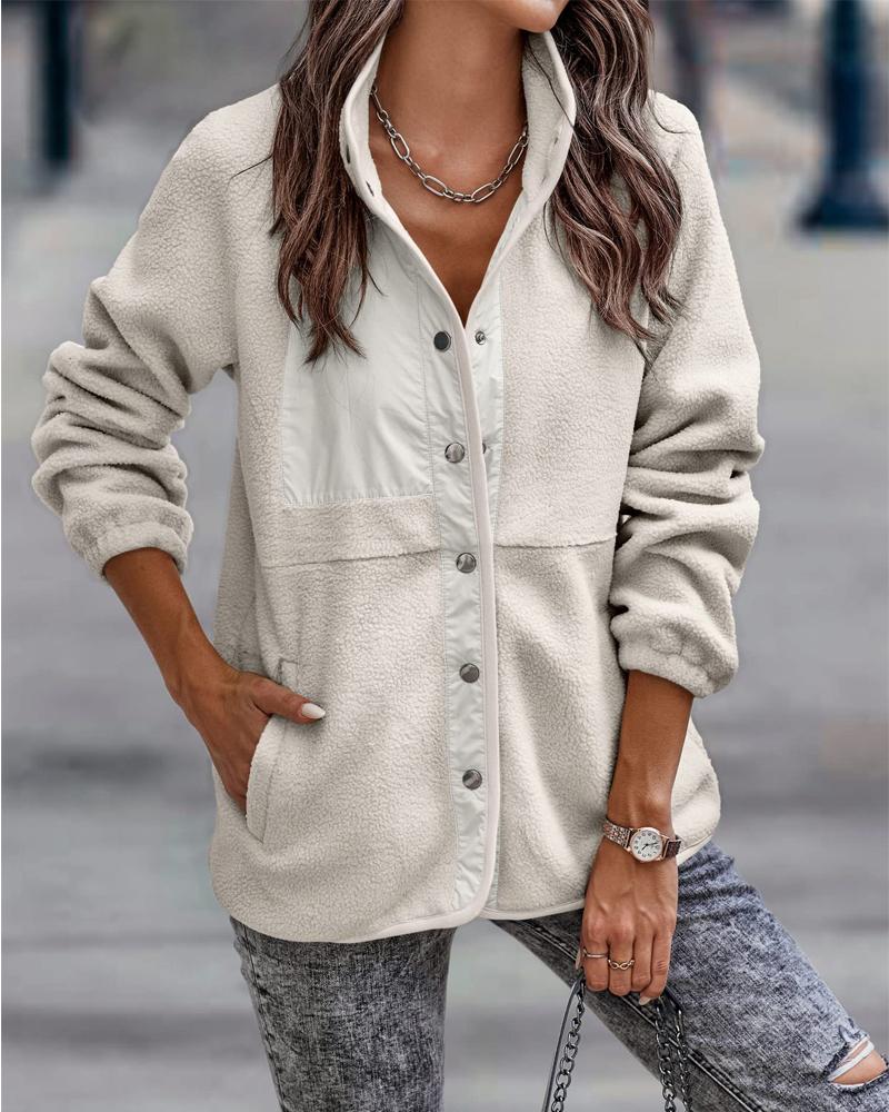 

Long Sleeve Button Front Teddy Coat, White