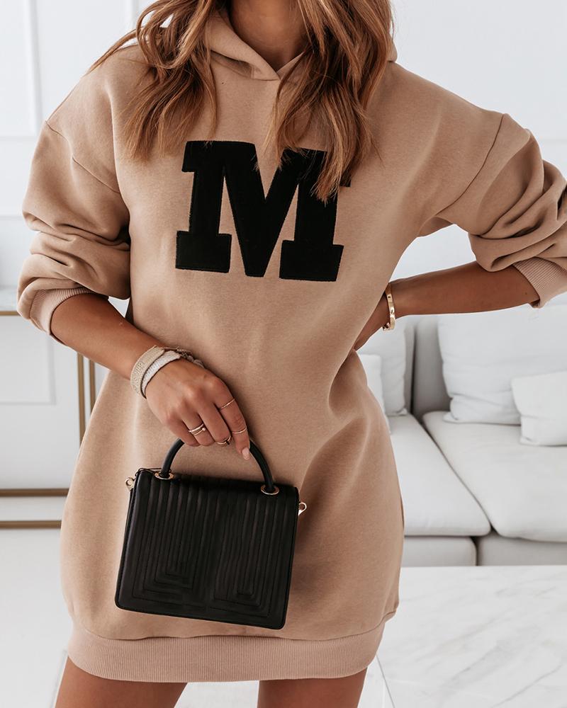 

Letter Pattern Long Sleeve Hooded Sweatshirt Dress, Khaki