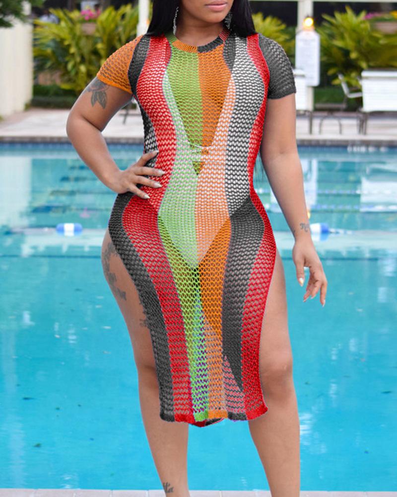 

See-through Color Block Short Sleeve Fishnet Mini Dress Cover Ups, Red