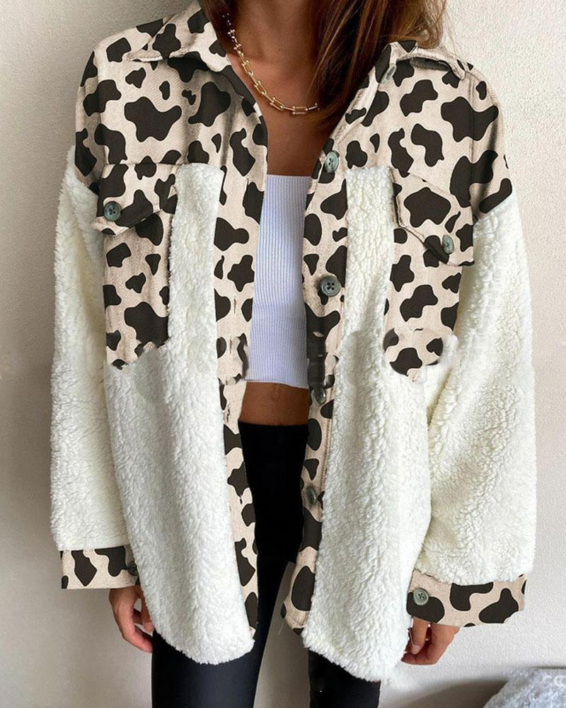 

Cow Pattern Flap Pocket Button Down Teddy Shacket, Beige