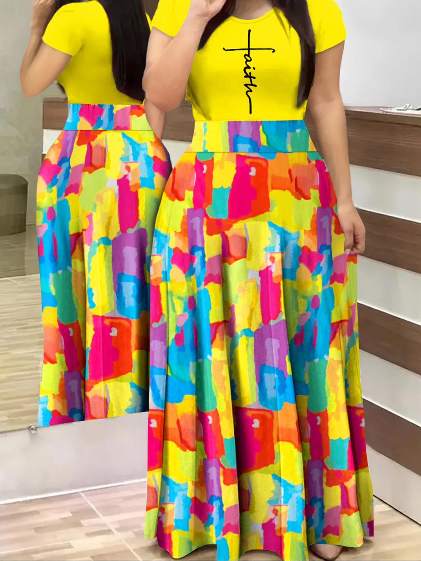 

Plus Size Faith Letter Print Short Sleeve Maxi Dress, Yellow