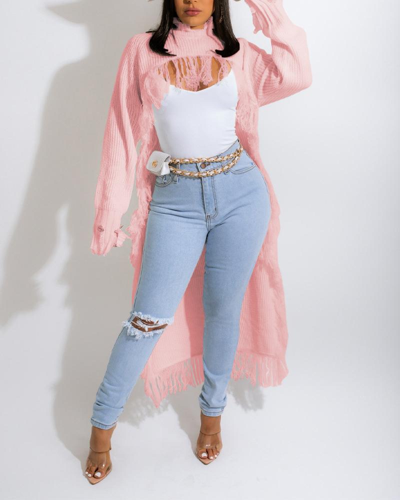 

Asymmetrical Distressed Fringe Trim Longline Sweater, Pink