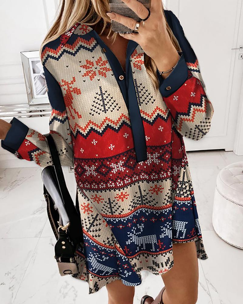 

Christmas Print Buttoned Shirt Dress, Multicolor