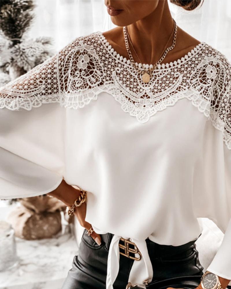 

Batwing Sleeve Lace Patch Tied Detail Top, White
