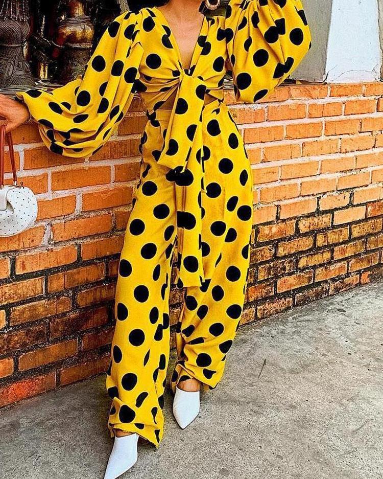 

Dot Lantern Sleeve Knotted Top & Pant Sets, Yellow