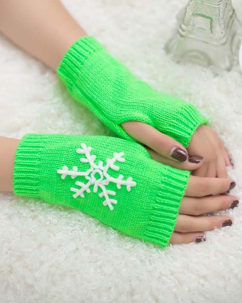 

1Pair Christmas Snowflake Embroidery Fingerless Gloves, Green