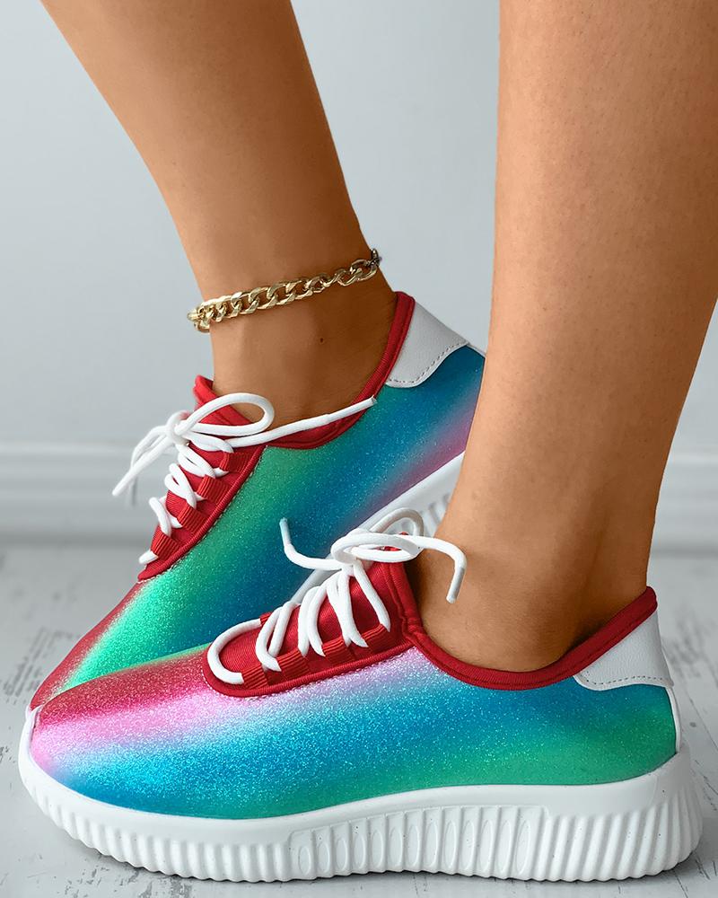 

Colorblock Sequins Lace-up Flatform Sneakers, Red