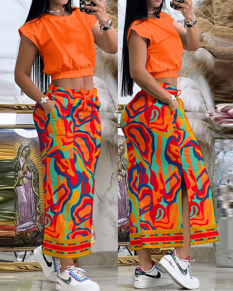 

Cap Sleeve Top & Multi-Color Abstract Print Slit Skirt Set, Orange