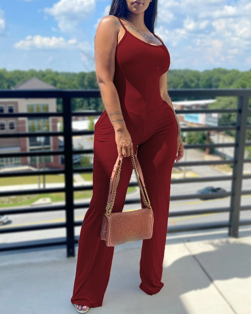 

U Neck Sleeveless Pocket Design Jumpsuit, Wine red