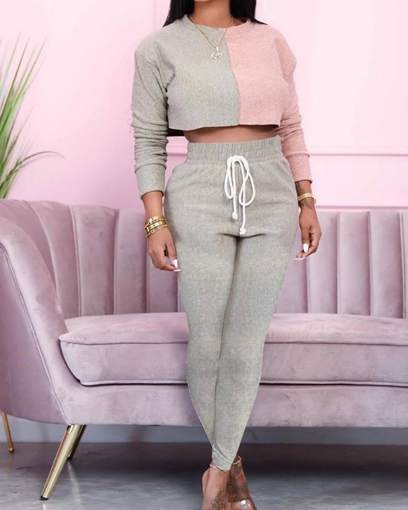 

Color Block Long Sleeve Suit Sets, Gray