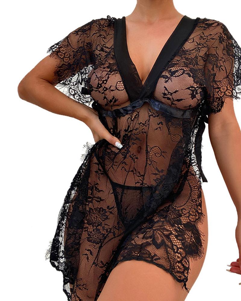 

Eyelash Crochet Lace High Slit Babydoll, Black