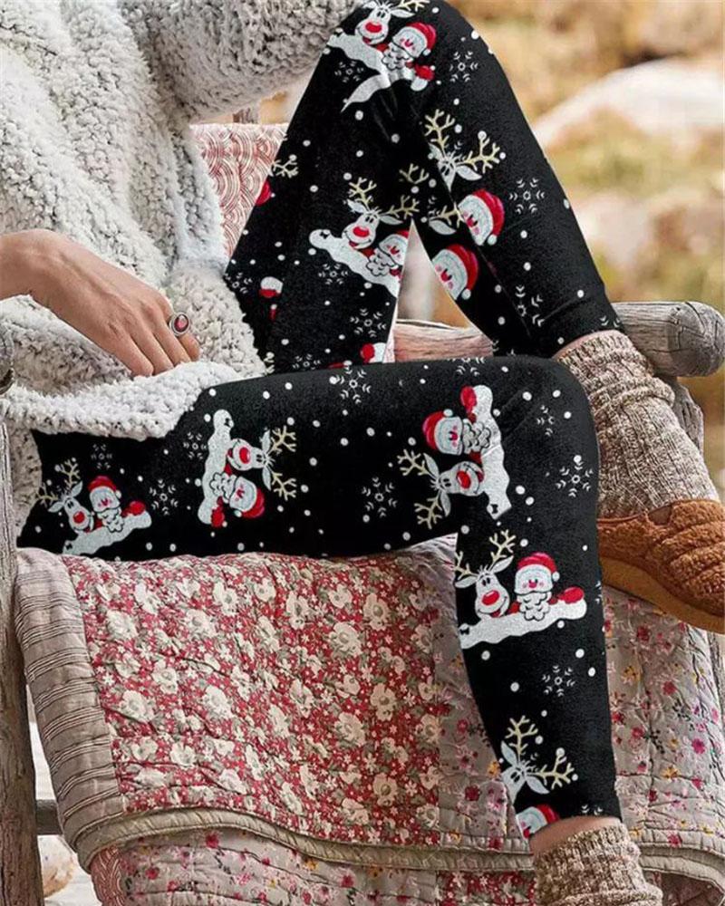 

Christmas Tree Snowflake Elk Print Leggings, Style1