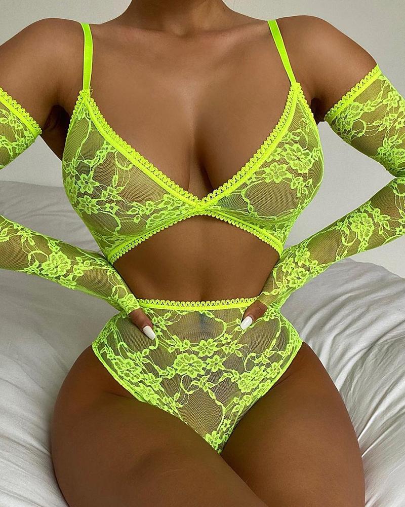

Crochet Lace High Waist Lingerie Set With Cuff, Yellow
