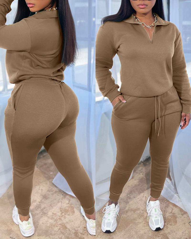 

2 Pieces Outfit High Neck Half Zip Drop Shoulder Top and Drawstring Elastic Waist Slim Fit Jogger Pants Set Casual Tracksuit, Coffee