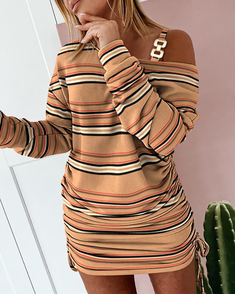 

Striped Print Cold Shoulder Drawstring Long Sleeve Dress, Brown