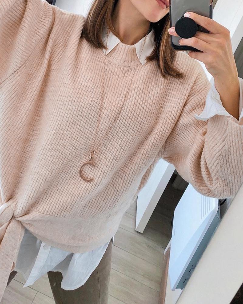 

Plain Long Sleeve Tie Front Knit Sweater, Khaki