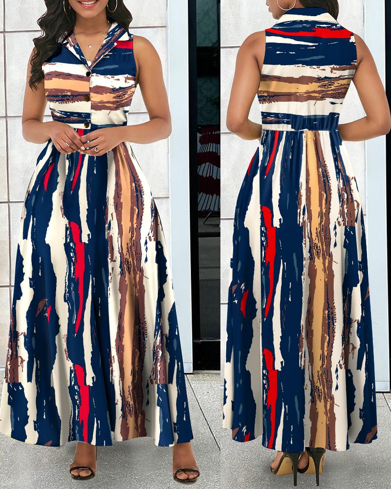 

Abstract Print Striped Sleeveless Maxi Dress, Multicolor
