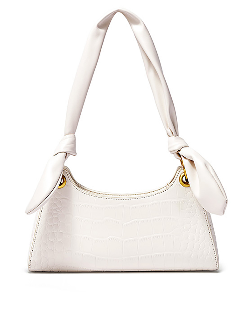 

Eyelet Tied Detail Croc Embossed Baguette Bag, White