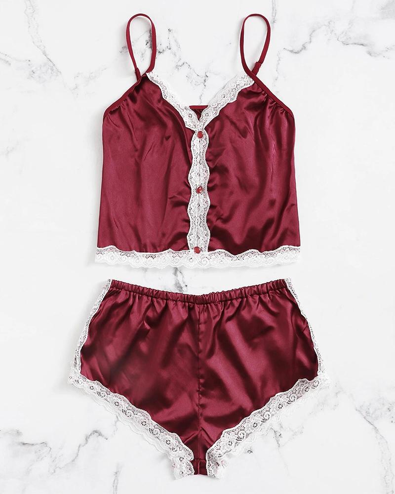 

Satin Spaghetti Strap Cami Set, Wine red