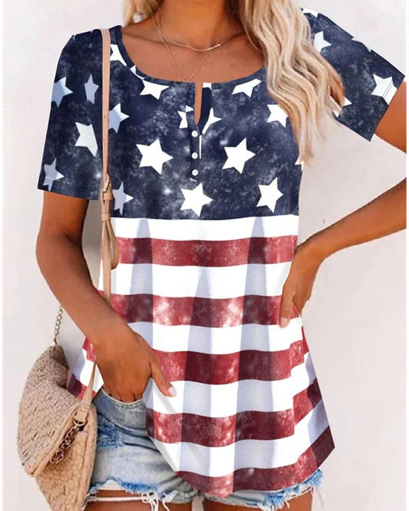 

Independence Day Flag Print Notch Neck Top, Multicolor
