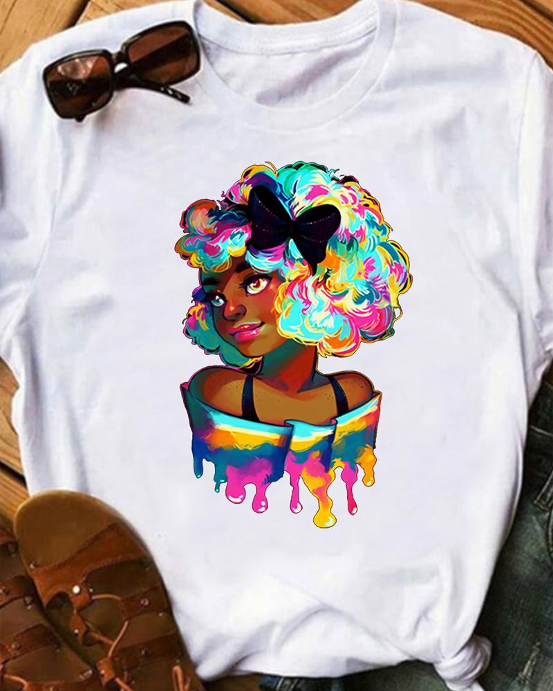 

Figure Print Short Sleeve Casual T-shirt, White