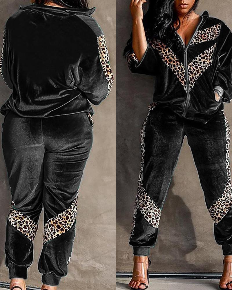 

Cheetah Print Long Sleeve Coat & High Waist Pants Set, Black