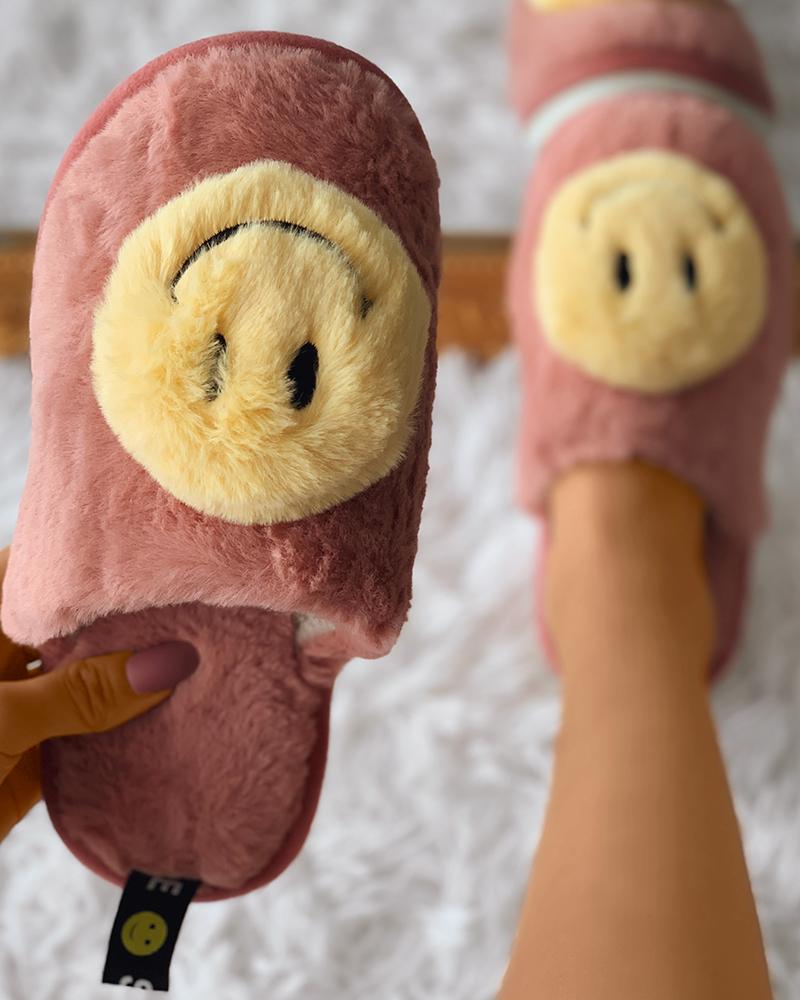

Simle Face Fluffy Casual Slipper, Pink