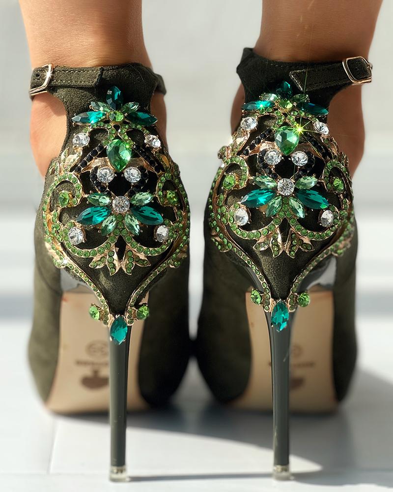 

Crystal Rhinestone Ankle Strap Stiletto Heel Pumps, Army green