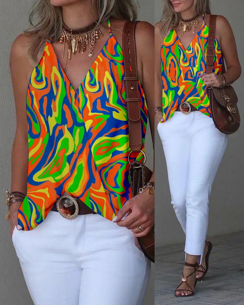 

Abstract Print Halter Sleeveless Wrap Tank Top, Orange