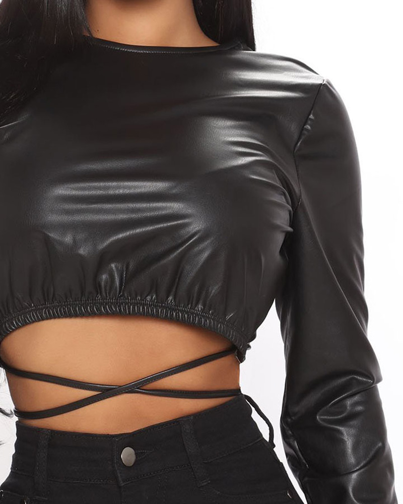 

PU Leather Bandage Tied Detail Crop Top, Black