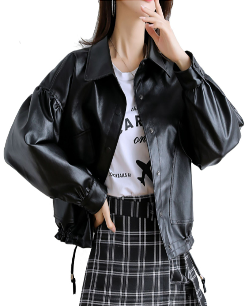 

Buttoned Zipper Pocket Design PU Leather Jacket, Black