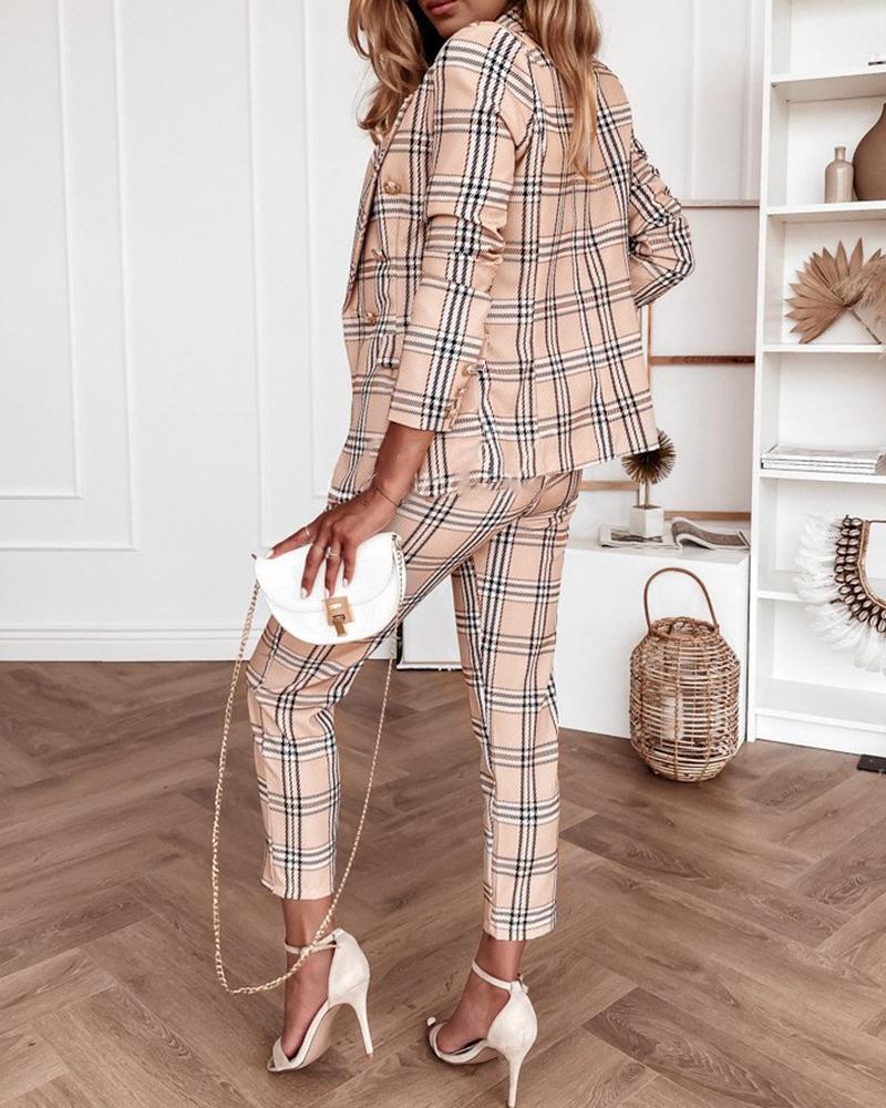 

Two Piece Work Wear Suit Sets Plaid Print Double Breasted Blazer Coat & Pants Set, Khaki
