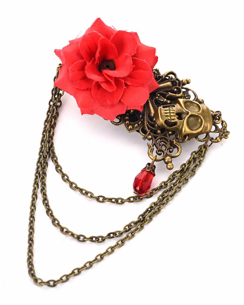 

Gothic Vintage Skull Rose Flower Brooch Royal Chain Barrettes for Halloween Cosplay, Red