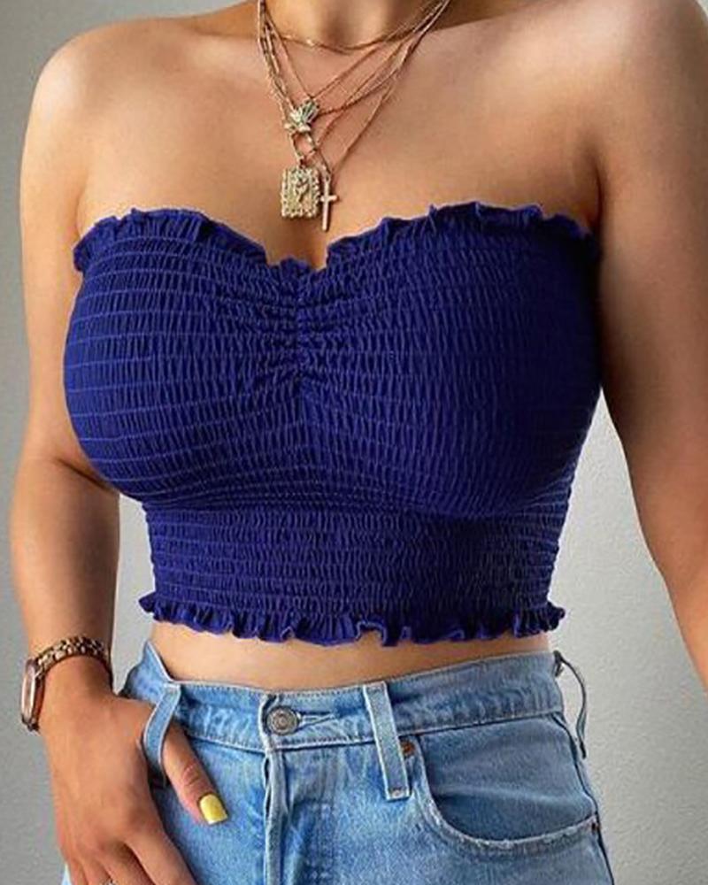 

Frill Hem Shirring Detail Bandeau Top, Blue