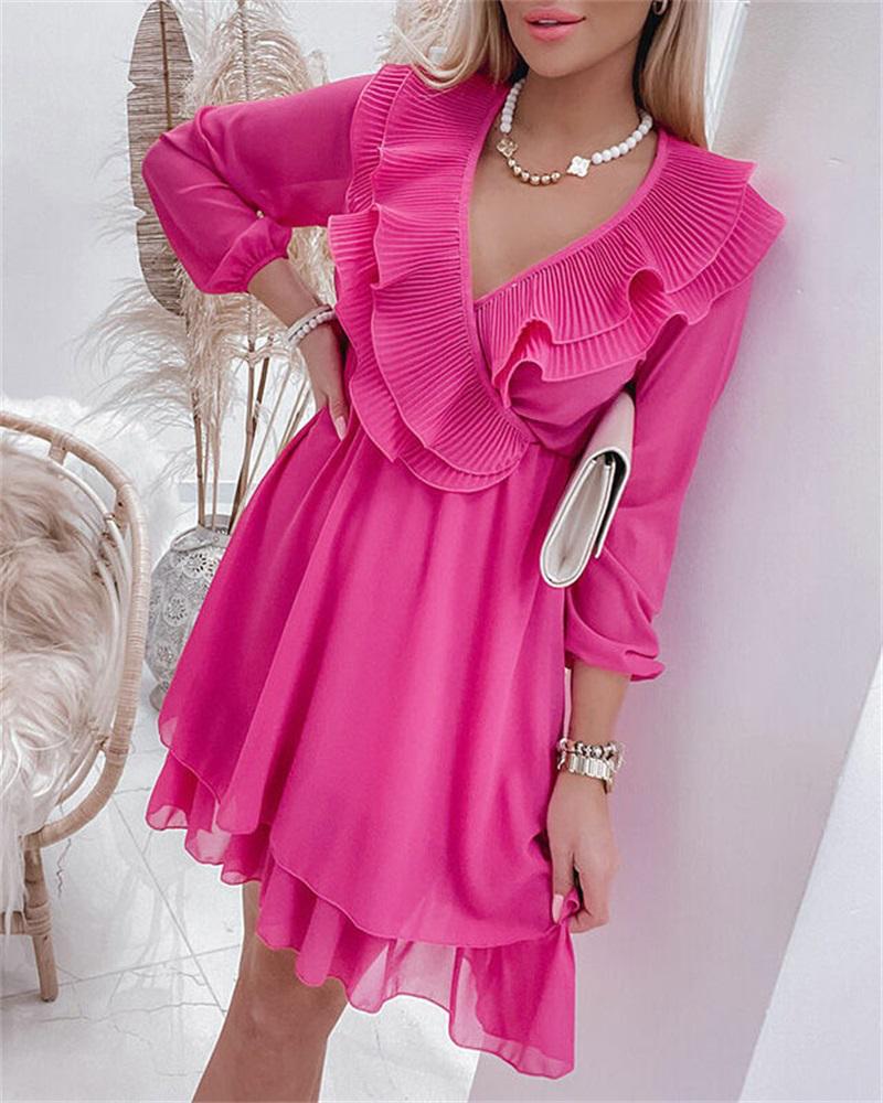 

Ruffle Hem Long Sleeve Wrap Dress, Hot pink