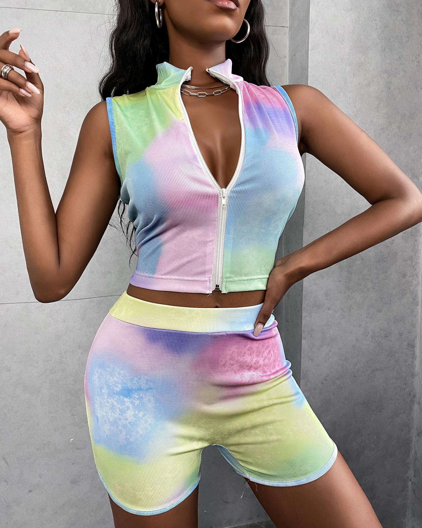 

Zipper Design Tie Dye Print Top & Shorts Set, Pink