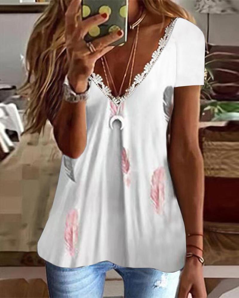 

Feather Print Lace Trim T-shirt, White