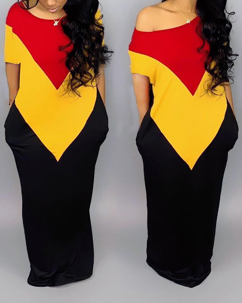

Loose Colorblock One Shoulder Casual Maxi Dress, Yellow