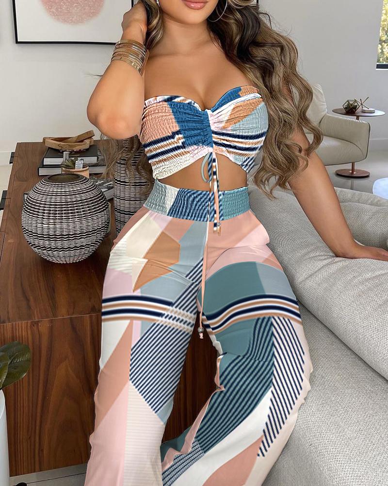 

Graphic Print Drawstring Bandeau Top & Leaf Print Pants Sets, Multicolor