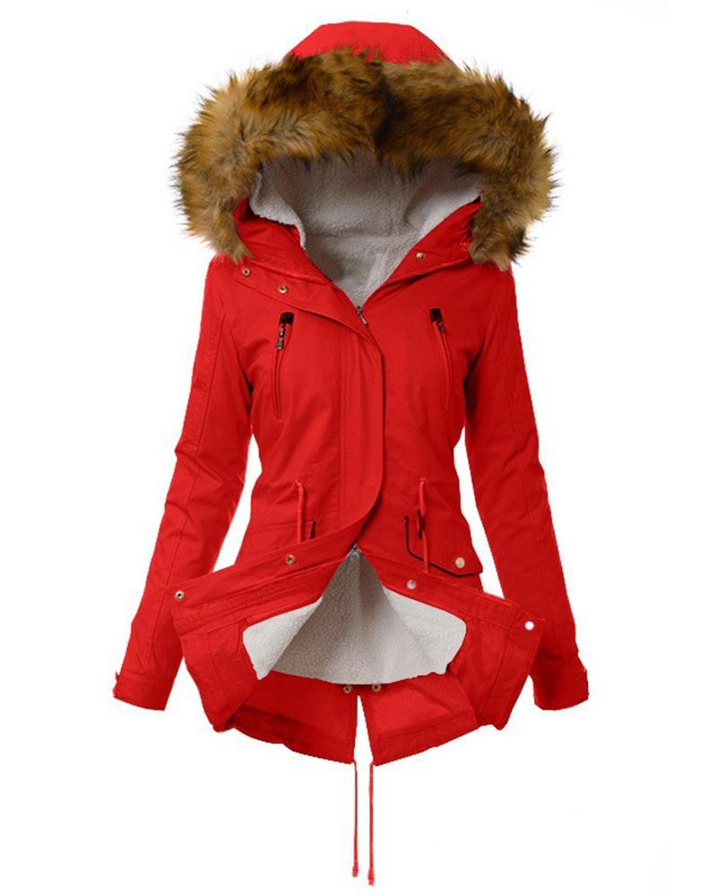 

Women' Parka Casual Winter Long Coat Drawstring Zipper Pocket Design Lined Hooded Faux Fur Collar Jacket, Red