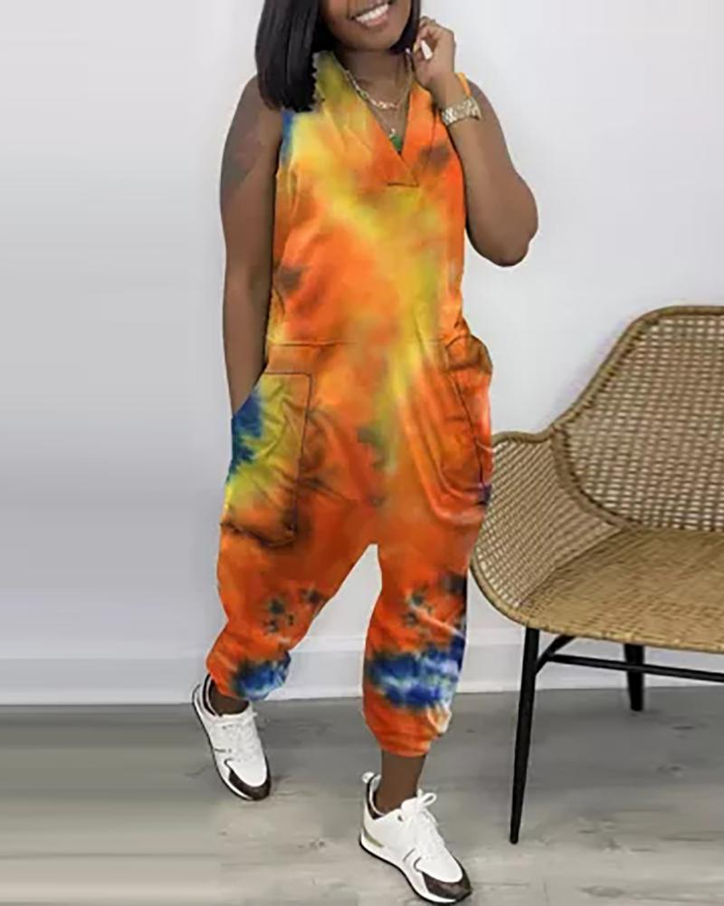 

Tie Dye Print Pocket Design Sleeveless Jumpsuit, Orange