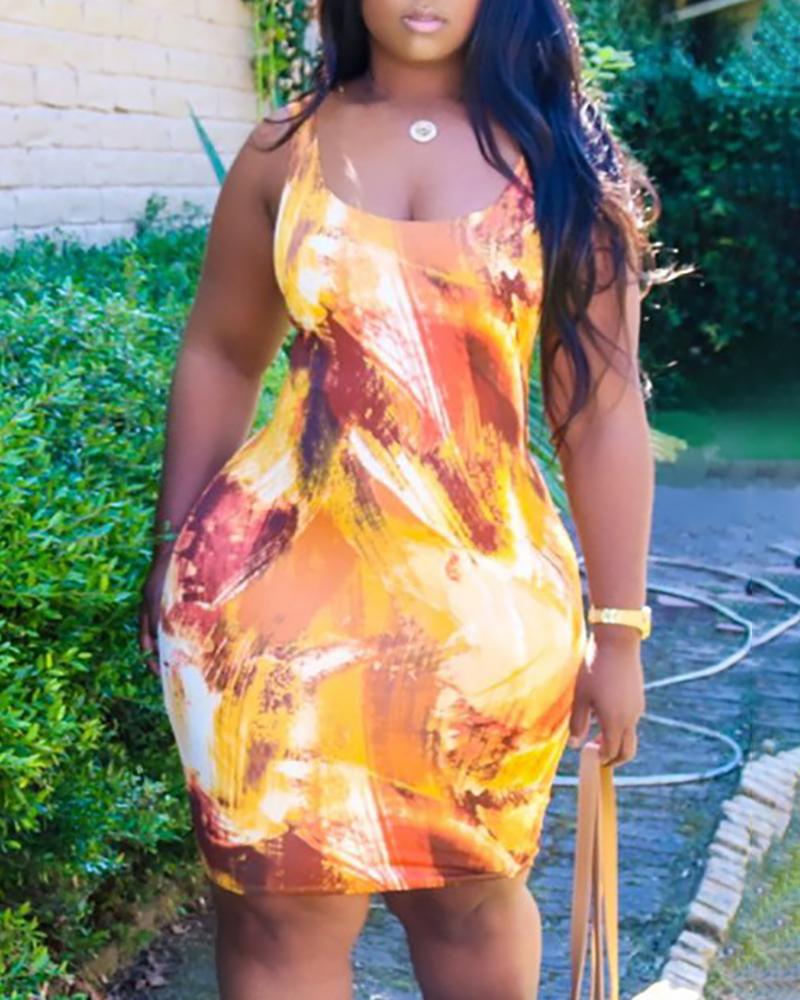 

U-neck Thick Strap Tie Dye Print Dress, Orange