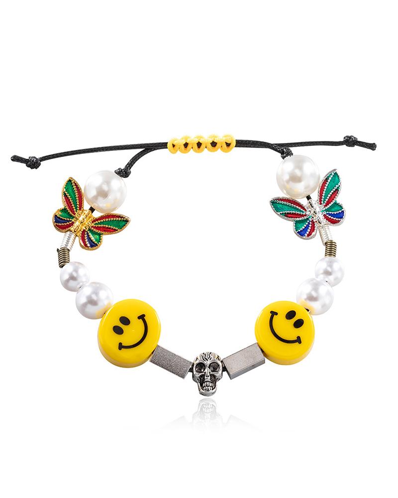 

Metallic Butterfly&Smile Face Patchwork Beaded Bracelet, White