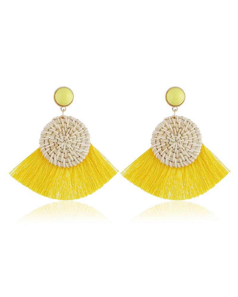 

1Pair Big Lightweight Geometric Statement Tassel Rattan Earrings, Yellow